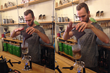 man pouring powdered coffee into beaker