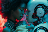 A human and AI bot in an intimate embrace, with a baby between them