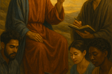 Jesus teaching a diverse group of coders on laptops and tablets in a classical painting style.