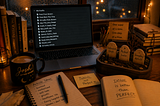 A cozy Josh After Hours writing workspace featuring a laptop filled with unfinished draft titles, a miniature graveyard with tiny tombstones labeled “Unfinished Draft,” “Perfect Later,” and “Someday Article,” surrounded by coffee, notebooks, books, and warm amber lighting. Rain falls outside the window as golden bokeh lights glow in the background, symbolizing creativity, perfectionism, and the courage to finally publish.