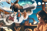 a.i. generated image of a writer imagining huskies, moose, children in Alaska
