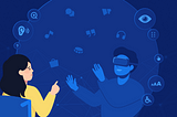 Sad looking lady in a wheelchair trying to reach out to a person who is in a blue bubble with VR goggles on looking happy with both hands up. The two are surrounded with symbols linked to accessibility: auditory support, visual support, textual support, headphones, etc.