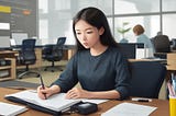 Girl with asian looks, concentraded working and studing at a desk in an well organized office like room.