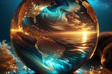 Artist’s rendering of earth overlaid with sunrise, swirling waters, glittering continents