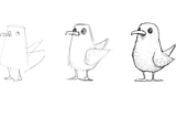 A drawing of a bird made in 1 second, 1 minute and 10 minutes.