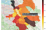 A screenshot of a heat map overlaid on San José, showing Priority 1 medical response times by zip codes in the city. The highlighted zipcode 95122 has an average response time of about 345 seconds.