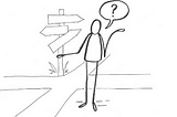 A line drawing of a person at a crossroads, wondering what is next with a question mark above their head.