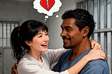 A woman choosing to give a hug to a prisoner despite the fact she a wounded heart in a thought bubble above her head.