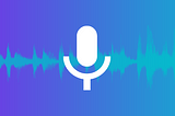 purple background with audio waves (blue color) and mic’s logo on top of the wave