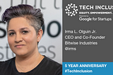 A Tech Inclusion speaker card featuring a photo of Irma L. Olguin Jr., smiling into the camera and wearing a black shirt.