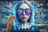 Digital artwork for ‘Eyewear Retail’s Digital Frontier: AR and 3D Integration’ showcasing a woman wearing futuristic AR glasses, with holographic interfaces and digital elements floating around her. The eyewear reflects a vibrant cityscape while various abstract symbols and icons related to technology, connectivity, and eyewear fashion appear translucently in the foreground. The image conveys a sense of advanced technology integrated into the retail experience of Designhubz.