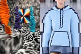 On the left, a pixelated room at London’s Beyond the Streets art exhibition; on the right: a pixelated sweatshirt from luxury brand Loewe’s Spring/Summer 2023 fashion collection