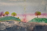 Painting of a dreamy landscape with a bit of a menacing overtone. Features colorful trees, soft skies, and a tiny figure of a girl looking out over a chasm.