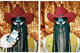 Orville Peck wears a red felt cowboy hat and a yellow vest. His signature leather fringe mask hangs on his face.