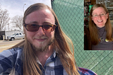 There are two pictures of the author that are unrecognizably different. On the left is a picture of the author with long brown hair, a beard, masculine features, sunglasses, and a long, angular face. He has a slight, confident smile. On the right is a picture of the author with a round, feminine face, a big toothy smile, glasses, and a necklace with a rainbow tree.
