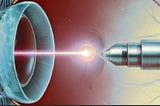 ChatGPT’s poor attempt to visually explain YAG surgery looked like a small rocket firing a laser weapon into a large circular docking station. Modified in ProCreate by me.