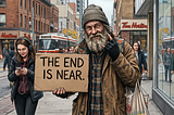 A drawing of an old street person carrying a sign “The end is near.” AI generated writing.