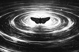 Abstract monochrome illustration of a butterfly silhouette at the centre of expanding circular ripples.