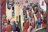 A medieval painting of a lecture. The front two rows are paying close attention. The back two rows are talking and one student is sleepling.