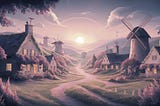 A serene and captivating painting of a village at dusk by AI Artz