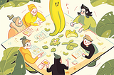 Cover image created with Midjourney that depicts a group of people having a discussion at the table with a cartoon banana occupying the focal point