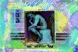 Photo of a cast of Rodin’s statue “The Thinker” inside a box, made for transporting it. The picture is overlaid with purple, yellow, and green graphic lines.