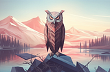Owls are said to be wise and full of knowledge… image of an owl, in a geometric art style, sitting on a rocky perch, overlooking a lake in a vast mountain range.