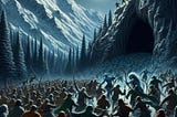 Under a nearly full moon, a throng of men rushes down a forested mountain, heading towards a mountain with a yawning, open entrance to a cavern. A short, stocky, and strong woman stands armed with a bow and arrow among a line of blue-skinned, tall humanoids at the mountain entrance, each with bows, battleaxes, swords, and shields, prepared to fend off the attackers.