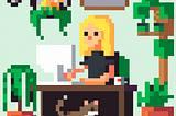 A female developer works at a desk in a room full of plants and cats