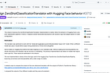 Screenshot of a GitHub pull request titled “Align ZeroShotClassificationTranslator with Hugging Face behavior #3712” in the DJL (Deep Java Library) repository. The PR was created by raphaeldelio and merged by xyang16. It describes improvements to the translator to match the behavior of Hugging Face’s zero-shot classification pipeline in Python. The right panel shows reviewers (frankfliu, xyang16, zachgk), all marked as reviewed. The PR includes 4 commits, 5 checks, and changes in 3 files.