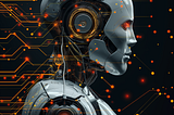 The image shows a futuristic robot with a sleek, humanoid design. The robot’s head and upper body are visible, showcasing intricate mechanical details and circuits. The background is dark, with glowing orange lines and dots resembling a digital network or circuitry, emphasizing the high-tech and advanced nature of the robot. The overall aesthetic is modern and sophisticated, reflecting cutting-edge technology and artificial intelligence.