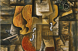 Cubist painting of a violin. The dominant color of the painting is brown. The violin appears fragmented and seen from different perspectives at the same time.