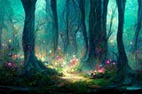 A magical, multi-colored forest, with multiple light sources of its own.