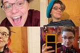 A montage of 8 photos of Becki in a range of different outfits with various facial expressions including laughing, smiling, and a slight knowing smirk.