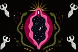 a collage of goddesses arrayed around an artistic holy pink Vulva, with a star at its peak and then nightime sky and sliver of cresent moon inside. Not vulgar or graphic, but vulvic, very tasteful.