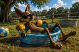 Clyde the Coyote is hanging out in a small pool.