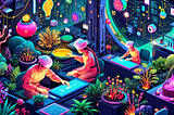 Illustration of a busy computer lab with individuals engaged in tasks on their computers, showcasing teamwork and technology