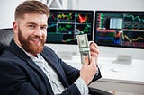 Shareholder proudly showing off the money he has made in the stock market