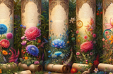 Image of 5 scrolls with flowers to represent 5 poems of the self, used to illustrate post.