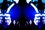 An image of a person with their finger to their lips as if they are telling someone to be quiet. The image is mirrored vertically and is different shades of blue and black.