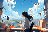 Summer office, girl with medium straight hair in a suit works at a workstation in the office, with windows and sky, flying birds in the sky, sun, city, bright tones, hand drawn style