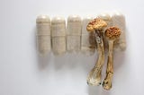 two dried mushroom stems atop a line of microdosing capsules