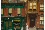Norman Rockwell painting of a family of five walking in front of brick storefronts with milk bottles in front of dark doors, houses, a church & steeple in the background, and birds in the sky