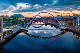 Bridges over the River Tyne, Northumberland at sunset, looking west.