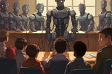 a group of children sits at a desk in front of a robot teacher. robots wait behind the robot teacher and are hooked to it with many wires