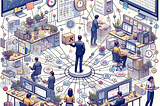 An illustration that captures the essence of balancing different types of work priorities within a professional setting. The image features a person standing at the center of a complex, interconnected network of tasks and responsibilities. Around them, a variety of activities are taking place: another person organizing a calendar, someone shipping a box labeled ‘X’, a third individual updating email templates on a computer, and a fourth person responding to messages on Slack.