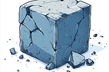 A cartoon illustration of a blue-grey cube crumbling away.