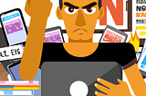 A person sitting at a cluttered desk, surrounded by an array of devices — a laptop, smartphone, and tablet — all displaying various snippets of news and information. He has an angry expression and raises one fist in a gesture of protest and anger.