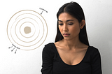 Photo of an Asian woman wearing black, she looks down sadly. Superimposed beside her is a graphic of a circle with multiple rings and a solid dot in the middle; to the top right are the words Comfort IN with an arrow pointing into the circle; to the bottom left of the outermost ring it says Dump OUT with 3 arrows pointing out.