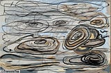Abstract painting of swirling concentric forms resembling tree rings or ripples on water, drawn in earthy tones of gray, beige, rust, and black on a blue-gray background. Loose graphite-like lines overlay the image, adding a sense of movement or emotional turbulence. The composition feels layered, restless, and quietly introspective.